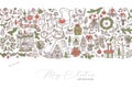 Merry Christmas and Happy New Year background with linear doodle symbols and elemens and icons Royalty Free Stock Photo